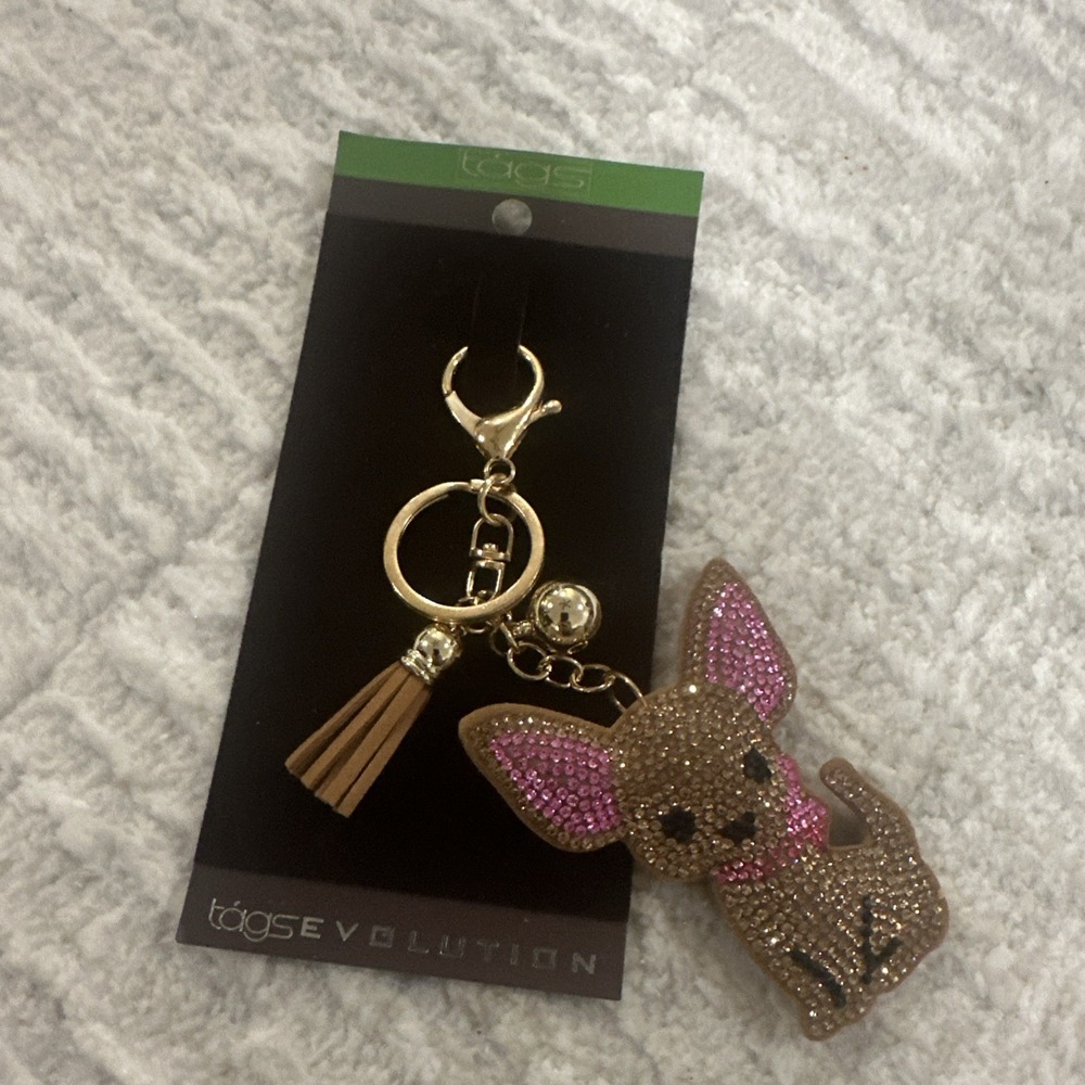 Goldtone Brown‎ Pink Puppy Key Chain Handbag Accessory Charm Bling Glitz Girly